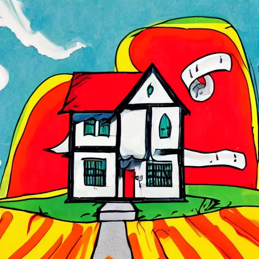 Image similar to house, style from dr. seuss, sharp focus, sharp, hd, dr. seuss