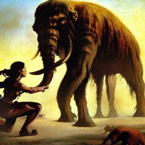 Image similar to a mammoth threatening a girl, detailed oil painting by Frank Frazetta