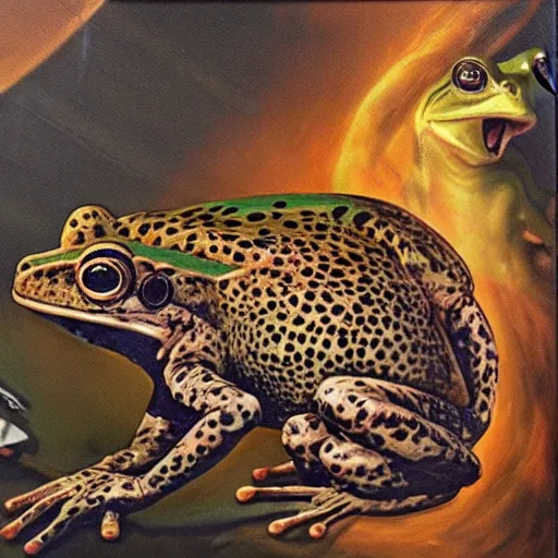 Prompt: alien frog, cheetah, and bird reaching through a painting. pulp sci - fi art. baroque period, oil on canvas