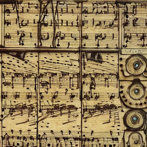 Prompt: electronic music instrument, music scores, da vinci, notebook page, high detail, intricate writing