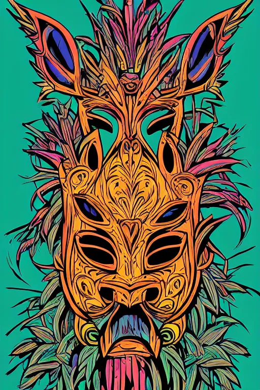 Image similar to animal mask totem roots flower tribal feather gemstone plant wood rock shaman vodoo video game vector cutout illustration vivid multicolor borderlands comics by josan gonzales and dan mumford radiating a glowing aura