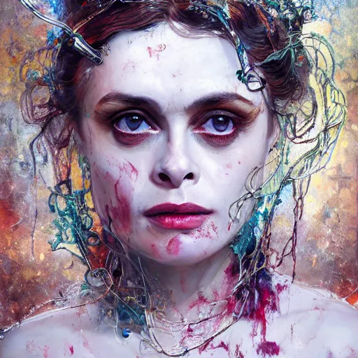 Image similar to expressive oil painting, of helena bonham carter mixed with sophia lauren, bumpy mottled skin full of blood and scars, ornate headpiece made from crystals, cables and wires, body horror, by yoshitaka amano, by greg rutkowski, by jeremyg lipkinng, by artgerm, digital art, octane render