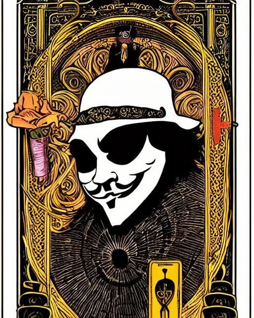 Prompt: anonymous guy fawkes mask tarot card, art nouveau style, ornate borders, intricate details, trending on artstation