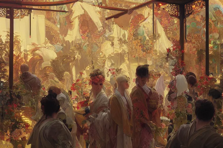 Image similar to a beautiful realistic painting of a festival at koyasan, intricate, elegant, highly detailed, digital painting, artstation, concept art, by krenz cushart and artem demura and alphonse mucha