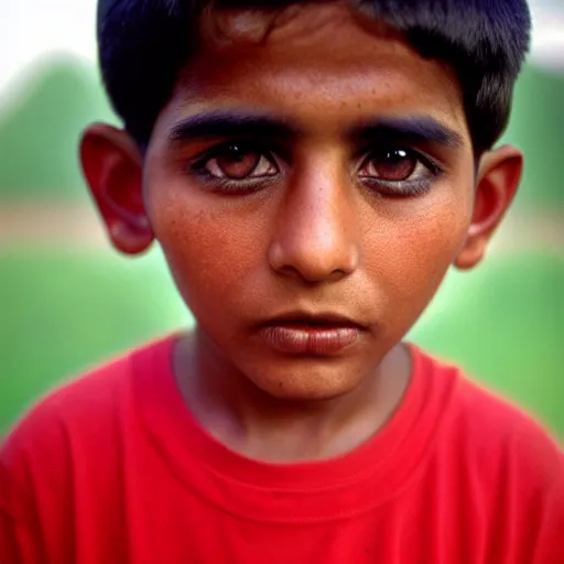 Image similar to portrait of an indian boy with green eyes and red tshirt, film still, kodachrome