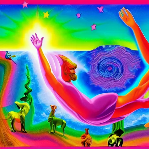 Image similar to the creation of adam painted by lisa frank