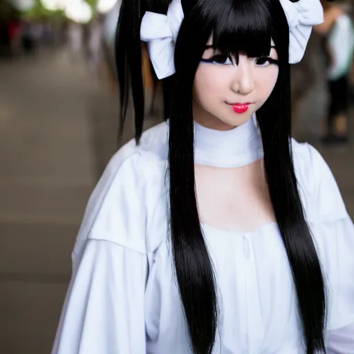 Image similar to a high definition photo of a cosplayer with twin tails, wearing white dress, symmetric and beautiful face, photo taken with Sony a7R