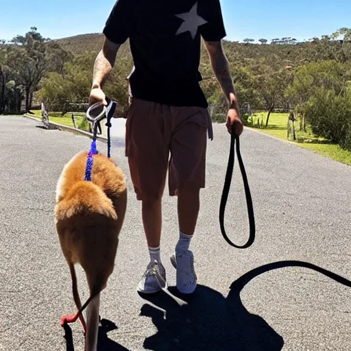 Prompt: Pete Davidson!!!, Walking a kangaroo on a leash, photo