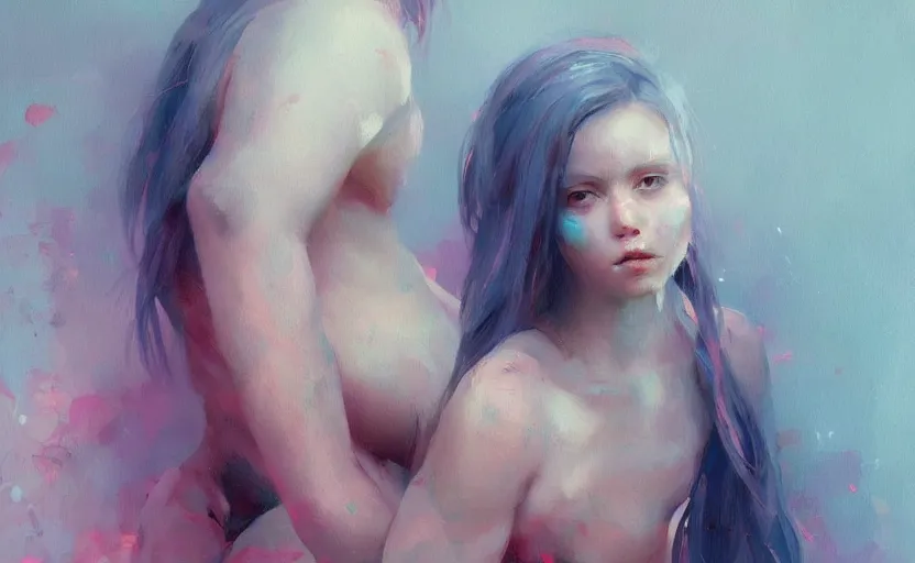 Prompt: a painting of little alice trending on artstation in the style of greg rutkowski, beautiful, female, sensual, natural skin, curvy build, natural sensuality, pink, blue