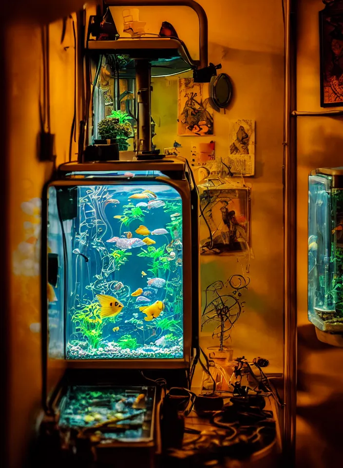 Prompt: telephoto 7 0 mm f / 2. 8 iso 2 0 0 photograph depicting the feeling of chrysalism in a cosy safe cluttered french sci - fi art nouveau cyberpunk apartment in a dreamstate art cinema style. ( ( ( fish tank ) ) ), ambient light.