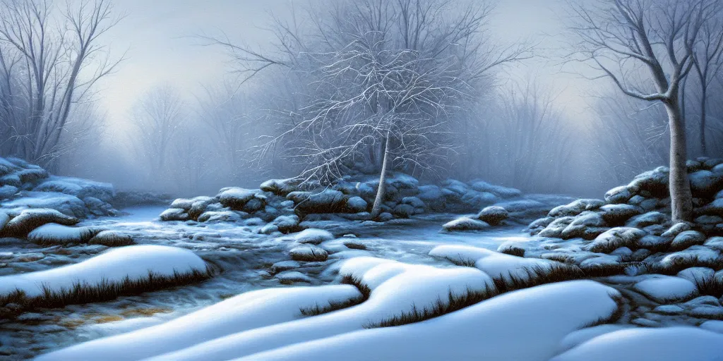 Image similar to a painting of a winter scene with a stream, an airbrush painting by terry redlin, deviantart, fantasy art, oil on canvas, airbrush art, matte painting