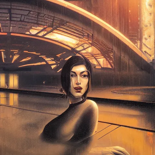 Prompt: detailed face of a woman, clockwork, moment, tectonic sky, skydome, bullet train, turbines, utopian, tech noir, wet reflections, prism, atmospheric, ambient, pj crook, syd mead, livia prima, greg rutkowski, nick alm, casey baugh