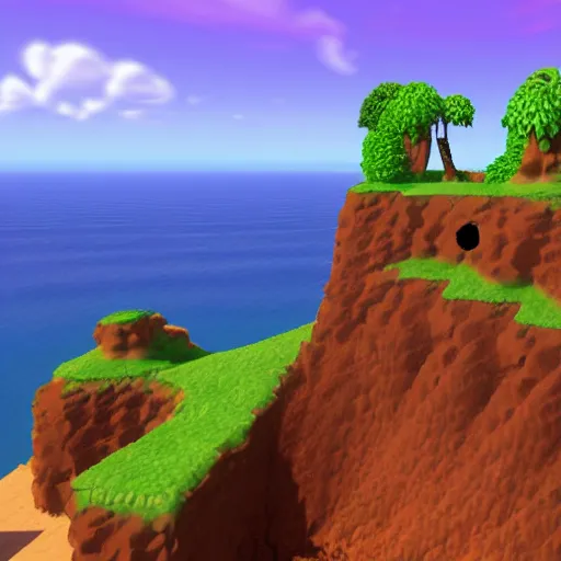 Prompt: hawaii cliffs and ocean as a legend of zelda landscape, beautiful, 3 d game art