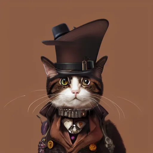 Prompt: a cat with a tophat, unreal engine 5, realism, funny pictures of cats, featured on artstation, the image is based on a steampunk setting