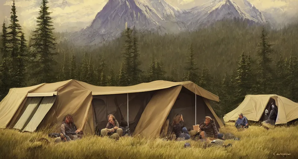 Image similar to cabela's beautiful comfortable modular insulated wall kit - house all weather family dwelling tent house, person in foreground, mountainous forested wilderness open fields, beautiful views, painterly concept art, joanna gaines, environmental concept art, farmhouse, magnolia, concept art illustration, by james gurney, by craig mullins, by greg rutkowski trending on artstation