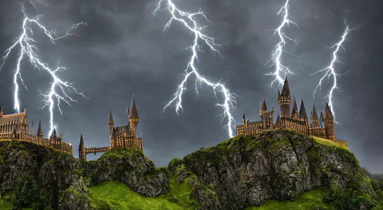 Image similar to slytherin harry potter flying with his wand forward. hogwarts castle and lightning strikes in the background. bad weather