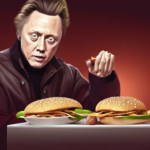 Prompt: portrait of Christopher Walken violently stabbing a hamburger, extra onions and ketchup, luscious patty with sesame seeds, feminine ethereal, delicate fingers, subsurface scattering skin, handsome, D&D, fantasy, intricate, elegant, highly detailed, digital painting, artstation, concept art, matte, sharp focus, illustration, art by Artgerm and Greg Rutkowski and Alphonse Mucha