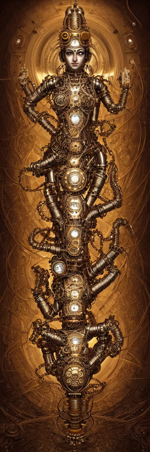 Image similar to seamless pattern of steampunk cybernetic biomechanical lakshmi, 3 d model, very coherent symmetrical artwork, unreal engine realistic render, 8 k, micro detail, gold and steel intricate, elegant, highly detailed, digital painting, artstation, smooth, sharp focus, illustration, artgerm, tomasz alen kopera, wlop