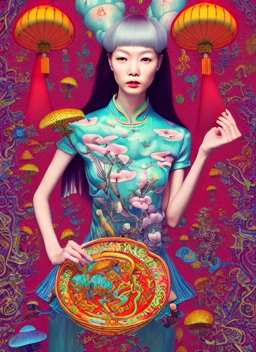 Prompt: pretty chinese model with magic mushroom : : by martine johanna and simon stalenhag and chie yoshii and casey weldon and wlop : : ornate, dynamic, particulate, rich colors, intricate, elegant, highly detailed, vogue, harper's bazaar art, fashion magazine, smooth, sharp focus, 8 k, octane render,