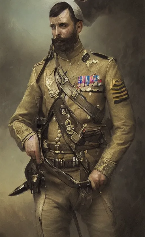 Prompt: Portrait of an army officer, male, detailed face, 19th century, victorian, highly detailed, cinematic lighting, digital art painting by greg rutkowski