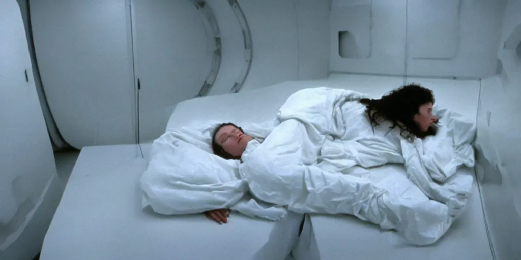 Image similar to a wide shot of Ripley sleeping inside an all-white room of cryogenic sleep chambers by Ridley Scott, Alien movie, grainy, bluish and cream tones