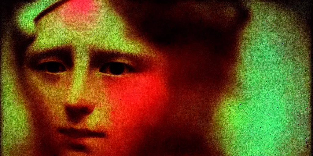 Prompt: infrared face, realism painting, with bokeh and anaglyph effect, by Camille Corot