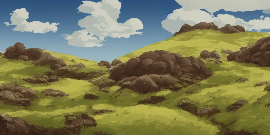 Image similar to Landscape illustration of the Scottish Highlands in the style of Studio Ghibli