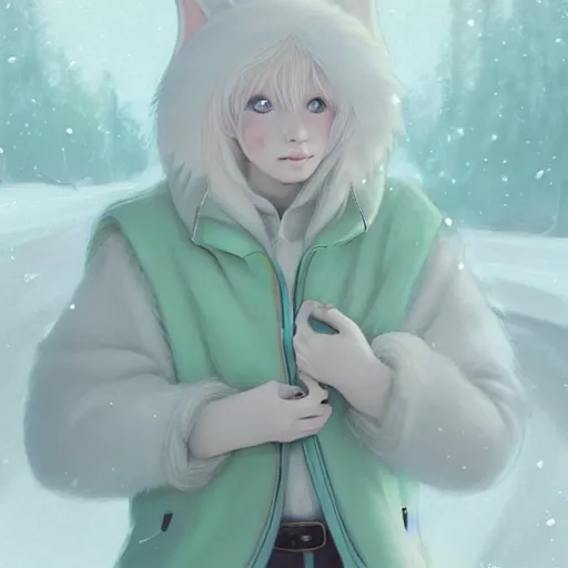 Image similar to aesthetic portrait commission of a albino male furry anthro cute bunny wearing a cute mint colored cozy soft pastel winter outfit, winter Atmosphere. Character design by charlie bowater, ross tran, artgerm, and makoto shinkai, detailed, inked, western comic book art, 2021 award winning painting