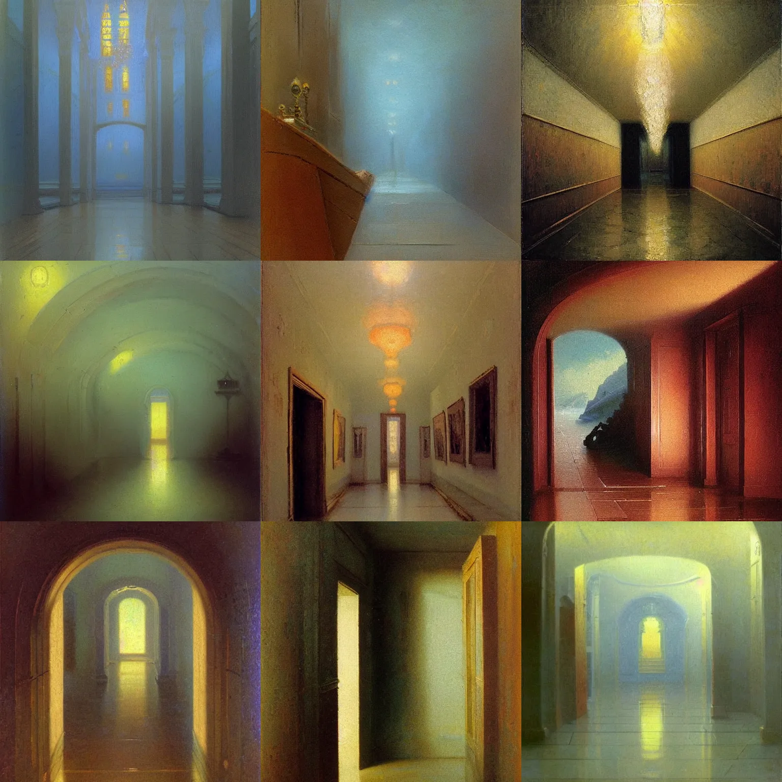 Prompt: A highly detailed hallway liminal space by Ivan Aivazovsky and Nicholas Roerich, impressionistic brushwork