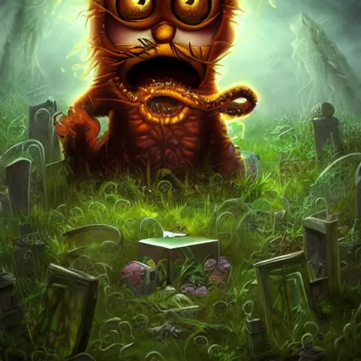 Image similar to an eldritch lovecraftian garfield crying at a overgrown and abandoned grave trending on artstation deviantart pinterest photorealistic hd 8 k highlights and shadow detailed high resolution
