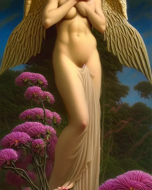 Image similar to angel, unusual beauty, flowers and plants, emotionally evoking symbolic metaphors, head in focus, fantasy, ornamental, intricate, elegant, sensual, highly detailed digital painting, artstation, concept art, painterly, golden ratio, sharp focus, illustration, art by John William Godward and Boris Vallejo and Zdzisław Beksiński,