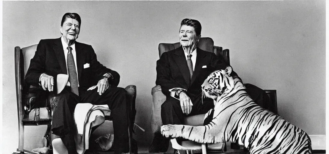 Image similar to [ ronald reagan sitting in chair with a tiger lying at his feet ]