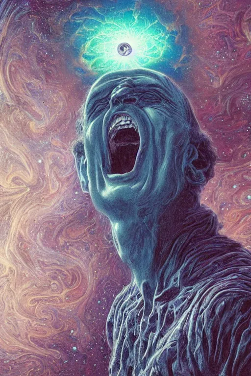 Prompt: an old fractal man screams and a tornado comes out of his mouth by artgem and les edwards, gustave dore, highly detailed, high contrast, light reflection, trippy, nebula, trending on artstation