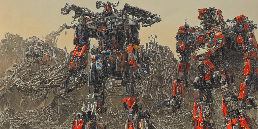 Prompt: Highly detailed painting of a large battle mech equipped with many chainsaws by moebius