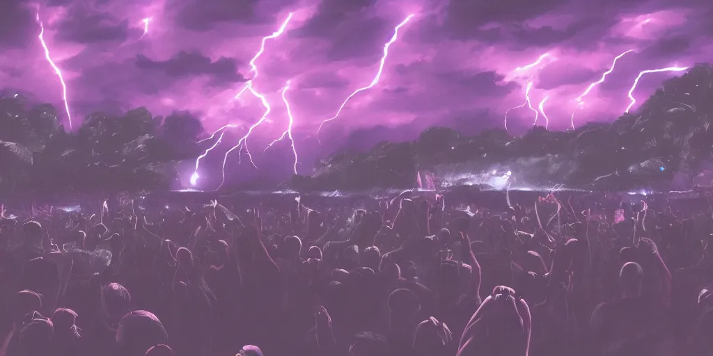 Prompt: Lightning storm while rapper performs on stage, digital art, vapor wave, hip hop, blade runner, trending on Artstation, professional artist, detailed, 4k