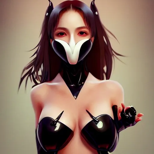 Image similar to a beautiful young japanese natalie portman alluring model in crop top, wearing a demonic latex mask that looks like an attractive succubus by guweiz and wlop and ilya kuvshinov and artgerm symmetrical eyes, aesthetic, gorgeous, stunning, attractive, artstation, deviantart, pinterest, digital art