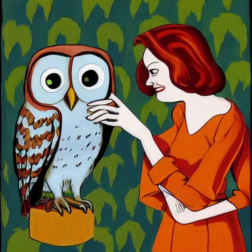 Prompt: emma stone with an owl, artwork by charles addams,