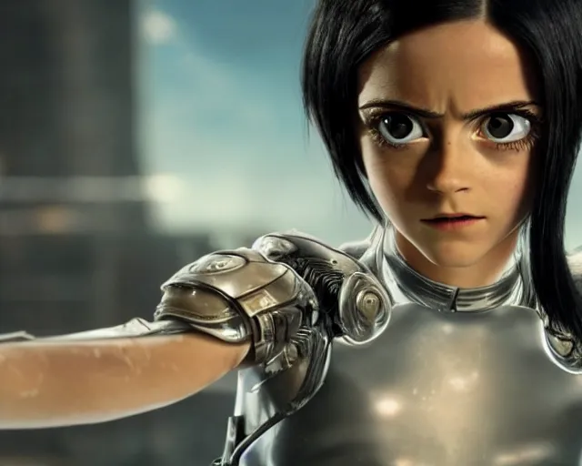 Prompt: a film still from battle angel alita played by actress emma watson, futuristic, cinematic lighting, photorealistic, lifelike, highly detailed, photorealistic, hyperrealistic, high resolution, 4 k