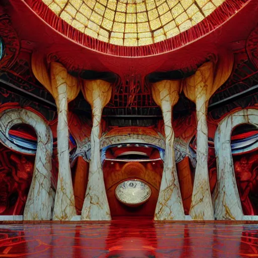 Prompt: interior of a futuristic goddess temple with gold, red and white marble panels, shafts of sunlight in the centre, in the desert, by h r giger, intricate contemporary architecture with art nouveau motifs, photo journalism, photography, cinematic, national geographic photoshoot