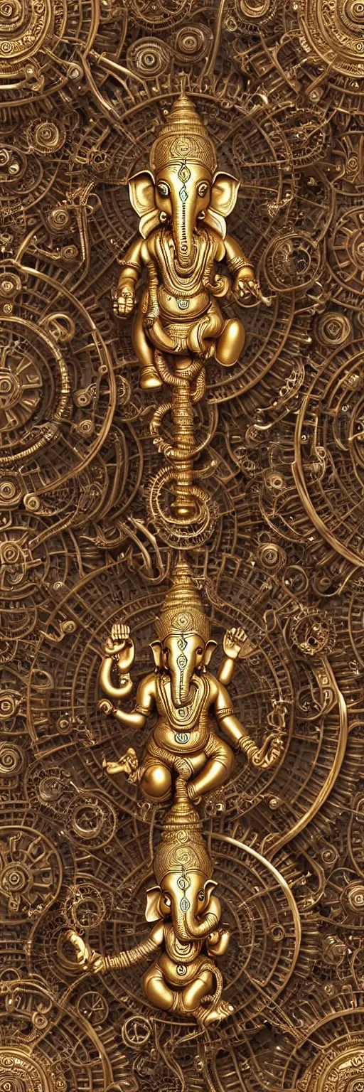 Image similar to seamless pattern of steampunk cybernetic biomechanical hindu god ganesha, 3 d model, very coherent symmetrical artwork, unreal engine realistic render, 8 k, micro detail, gold white plastic and steel intricate, elegant, highly detailed, digital painting, artstation, smooth, sharp focus, illustration, artgerm, tomasz alen kopera, wlop