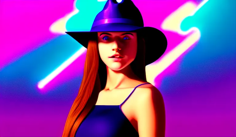 Image similar to a beautiful and immaculate young teenager girl with fedora hat. synthwave. outrun style. trending on artstation. recommended for you behance. by chris moore. by edward hopper. metropolis filmic. gotham city.