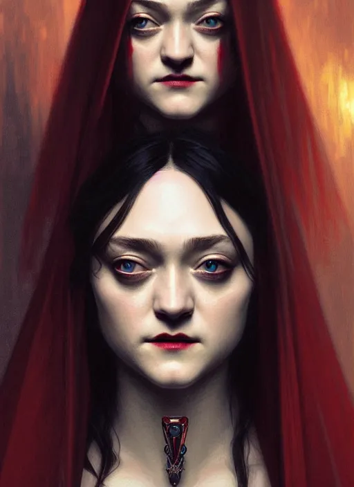 Prompt: portrait of dakota fanning as a vampire lord, jewelry, greek, ruby, intricate, headshot, highly detailed, digital painting, artstation, concept art, sharp focus, cinematic lighting, illustration, art by artgerm and greg rutkowski, alphonse mucha, cgsociety