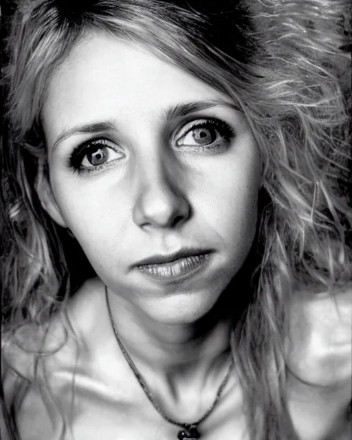 Prompt: award winning photo of Sarah Chalke, chesterfield lounge, symmetrical face, beautiful eyes, studio lighting, wide shot art by Sally Mann & Arnold Newman