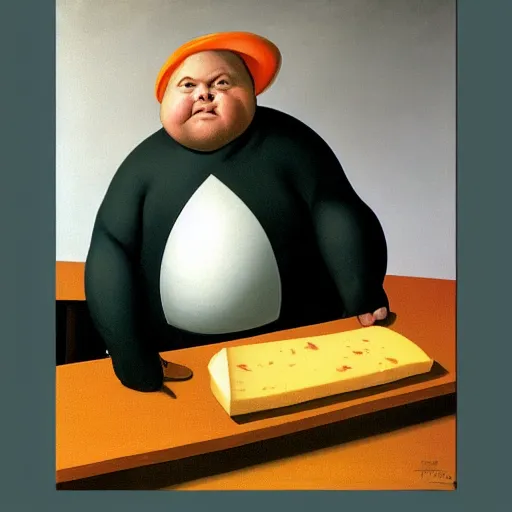 Prompt: a very fat chef offers you cheese by Raphael, Hopper, and Rene Magritte. detailed, romantic, enchanting, trending on artstation.