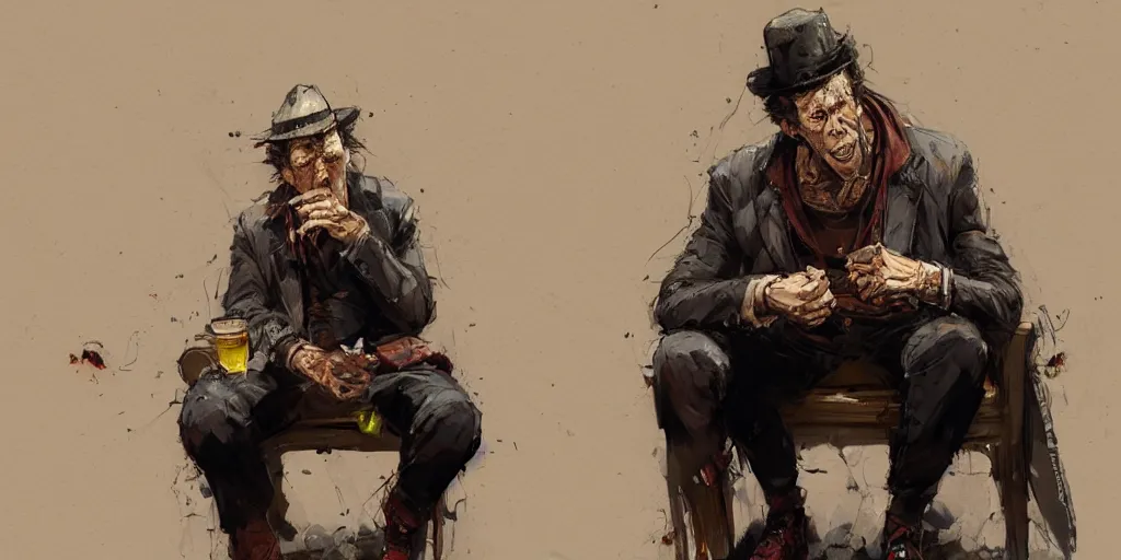 Image similar to cartoonish tom waits waiting for the dinner, vivid colors, character sheet, fine details, concept design, contrast, kim jung gi, greg rutkowski, trending on artstation, 8 k, full body, turnaround, front view, back view, ultra wide angle