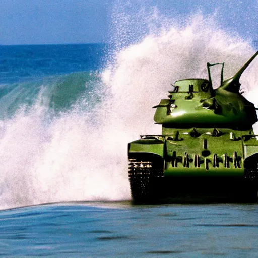 Prompt: a T-34 emerging from Ocean waves, hyperrealistic, Nature photography