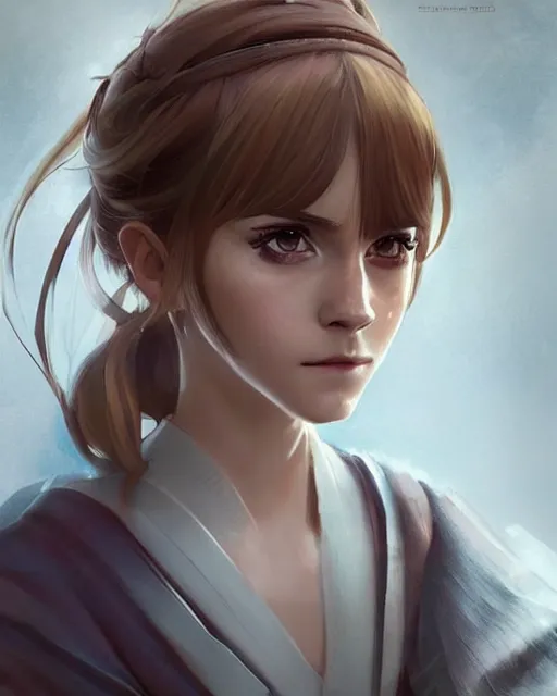 Prompt: An anime portrait of Emma Watson as a beautiful woman wearing a kimono from Skyrim, by Stanley Artgerm Lau, WLOP, Rossdraws, James Jean, Andrei Riabovitchev, Marc Simonetti, and Sakimichan, trending on artstation