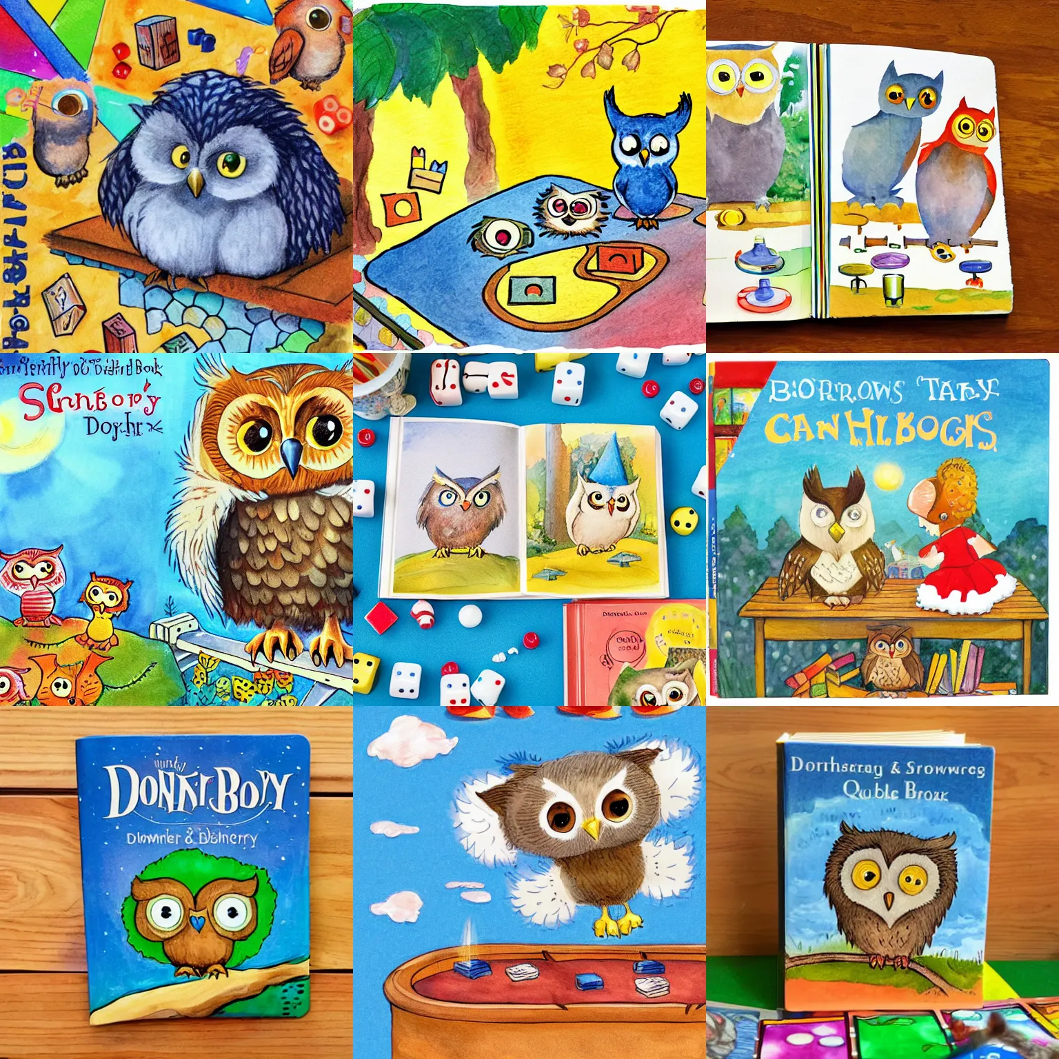 Prompt: Front cover of a small childrens Book, board games on a table, with a cute fluffy baby owl, water color, illustration for small children in the style of Dorothy Brook and Maurice Sendak, primary color scheme