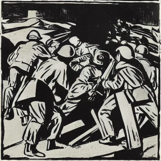 Image similar to imperial german soldiers advancing under cover of mustard gas at the battle of the somme, world war 1, trench warfare, german expressionist woodcut, kathe kollwitz, ernst ludwig kirchner, max beckmann, max pechstein, black and white