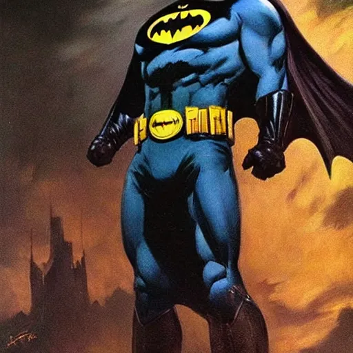 Image similar to an ultra - realistic painting of batman in the style of frank frazetta. 4 k. ultra - realistic. highly detailed. dark fantasy. epic lighting.